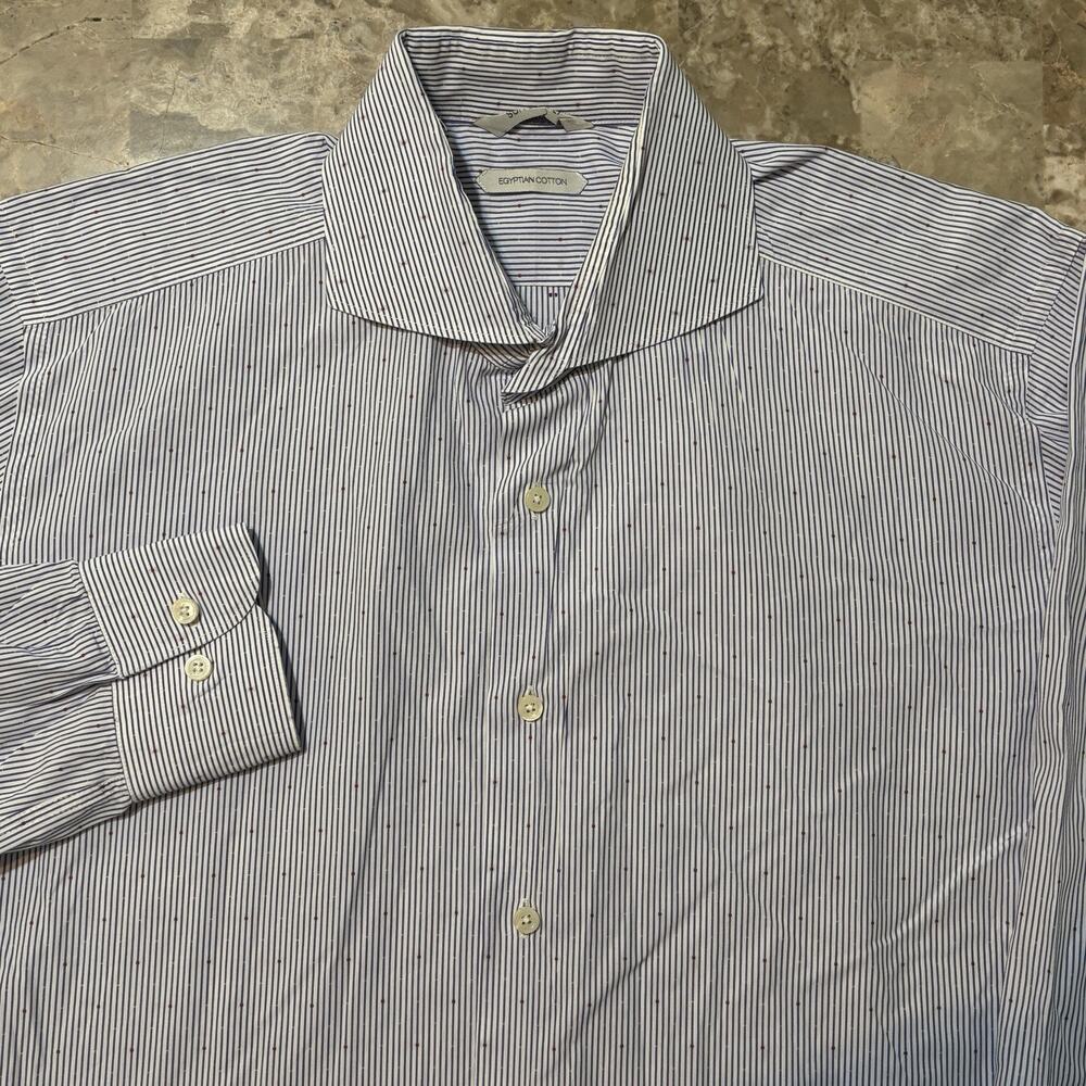 Suitsupply Shirt Mens 42 16.5 Blue Striped Red Dot Egyptian Cotton Albini